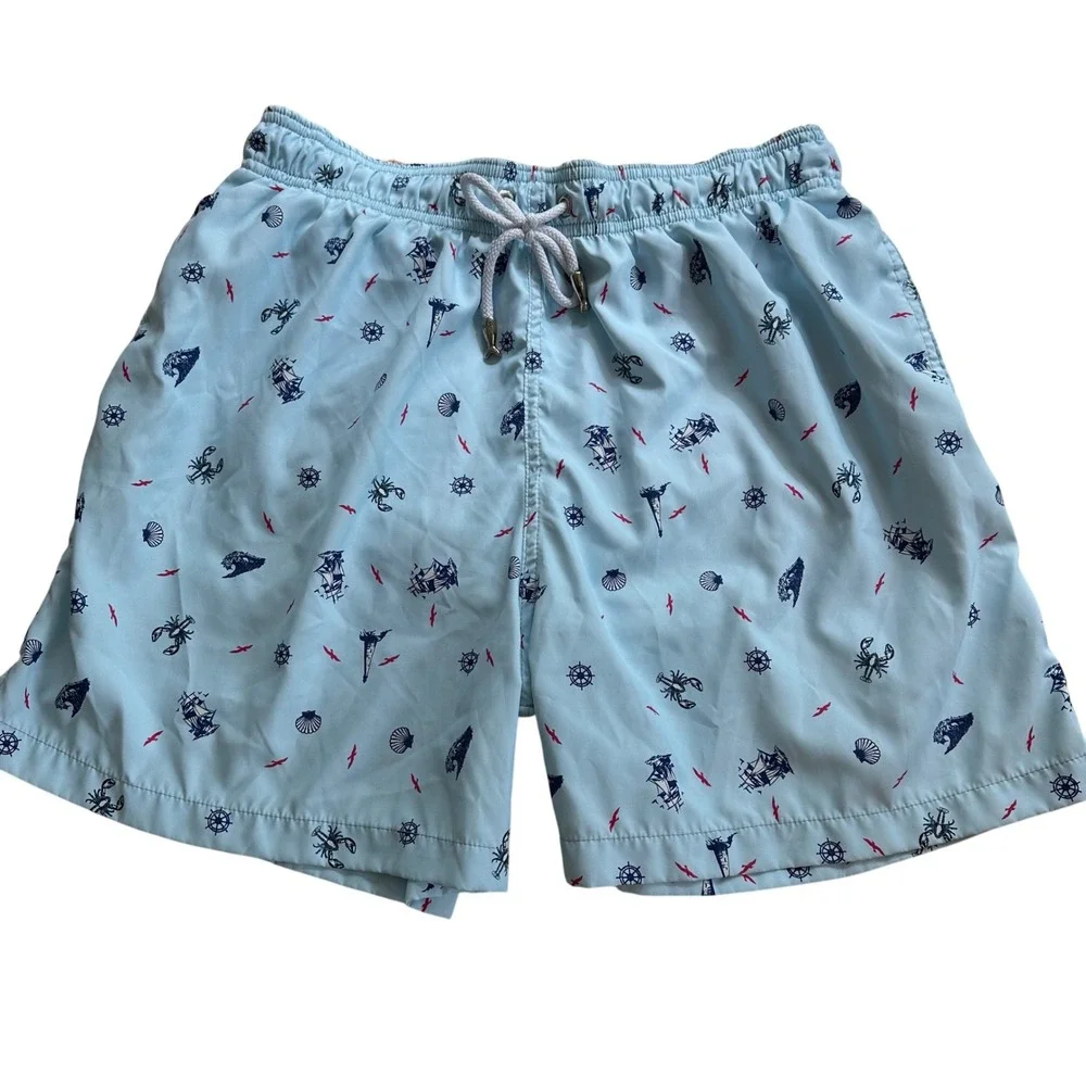 Martin Pescador Kids Blue Nautical Ship‎ Crab Swim Trunks Size L Handcrafted